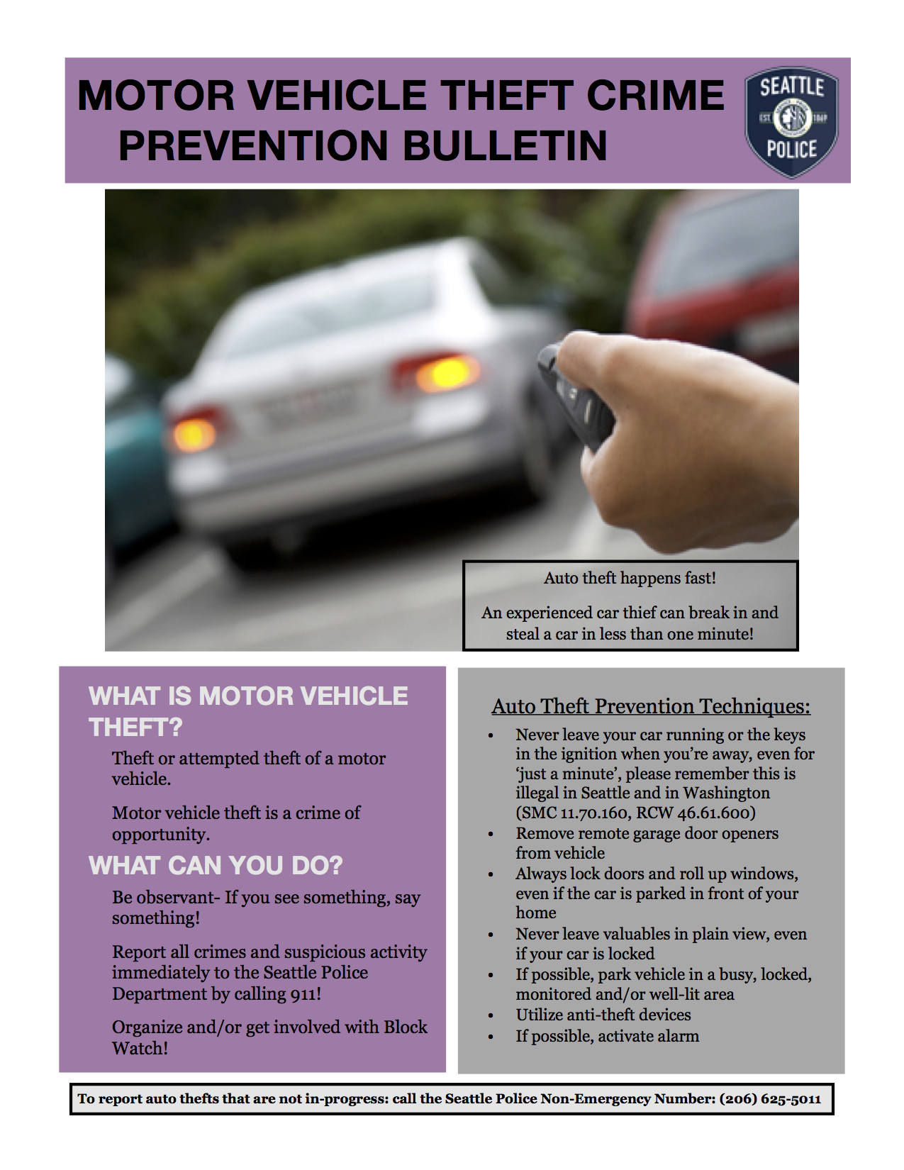 Seattle Police Department Auto Theft Tip Sheet